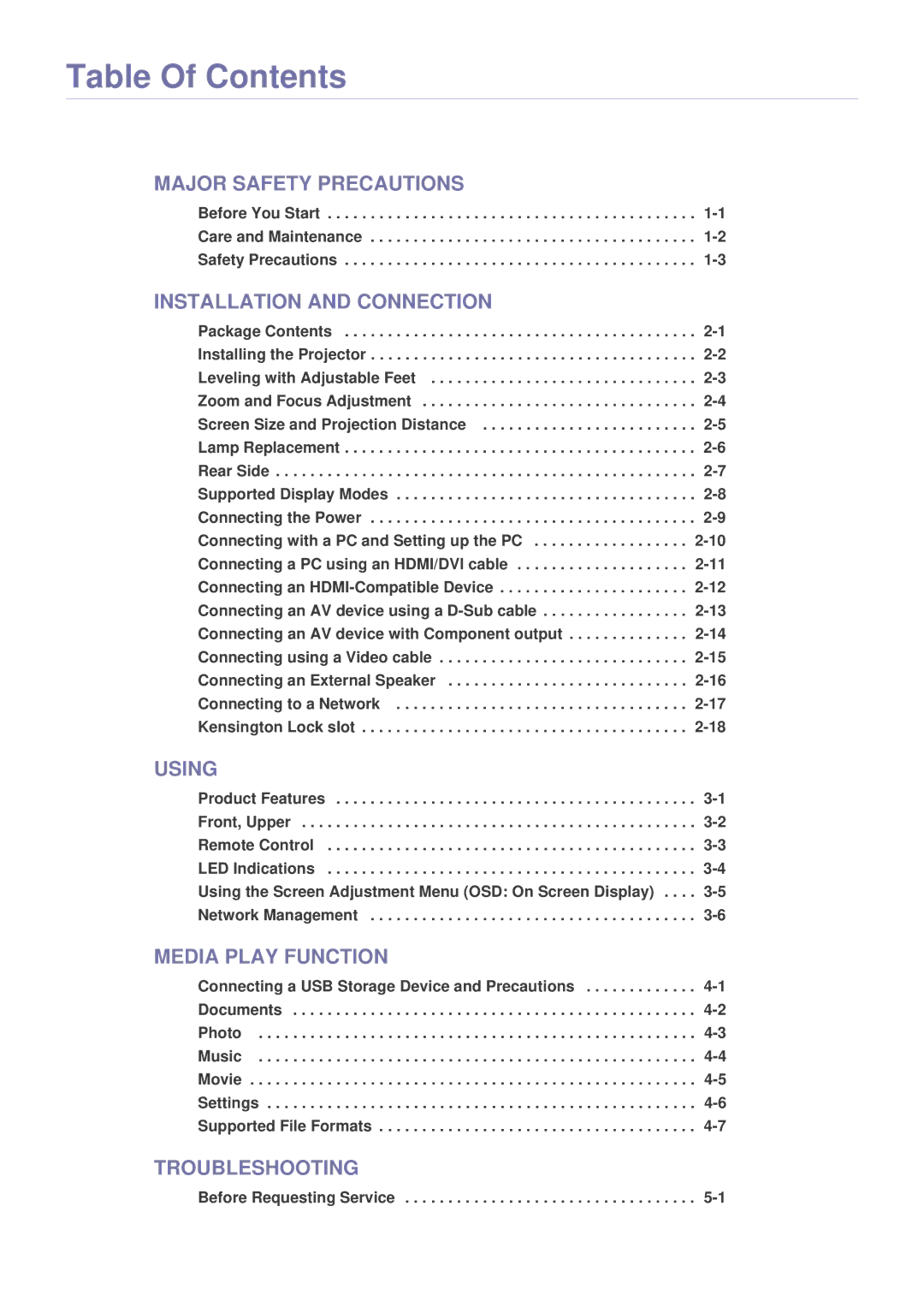 Samsung SP-M225, SP-M255, SP-M20, SP-M275, SP-M305 specifications Table Of Contents 