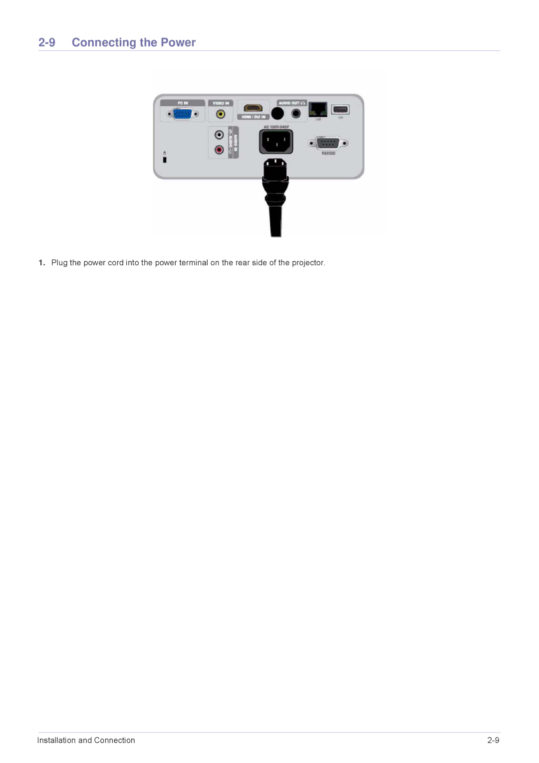 Samsung SP-M305, SP-M255, SP-M20, SP-M225, SP-M275 specifications Connecting the Power 