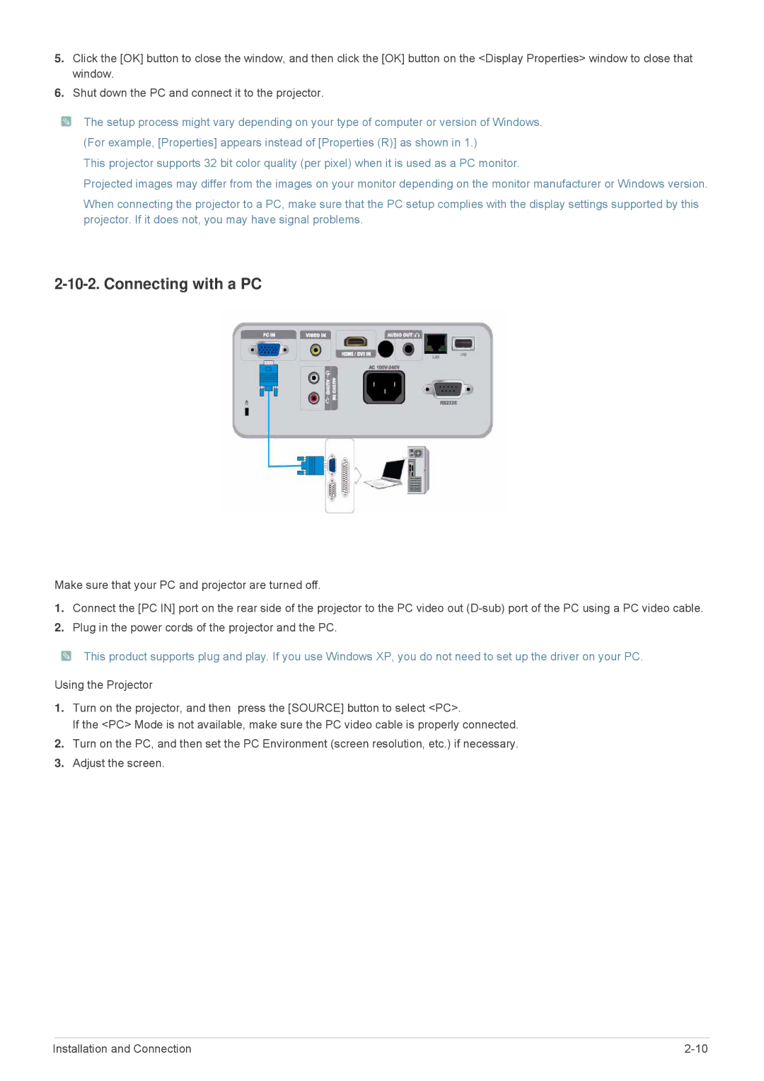 Samsung SP-M20, SP-M255, SP-M225, SP-M275, SP-M305 specifications Connecting with a PC 