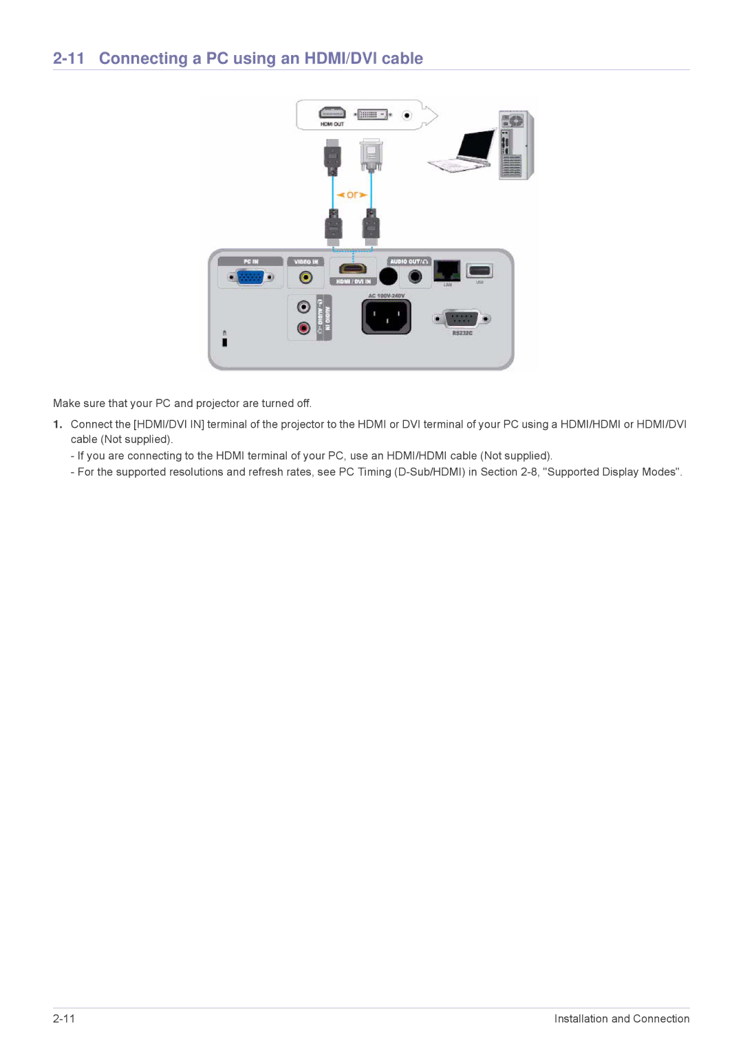 Samsung SP-M225, SP-M255, SP-M20, SP-M275, SP-M305 specifications Connecting a PC using an HDMI/DVI cable 