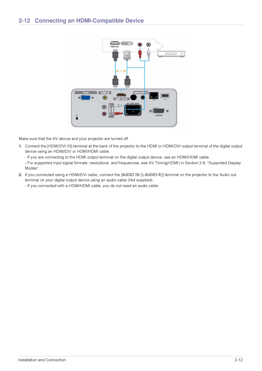 Samsung SP-M275, SP-M255, SP-M20, SP-M225, SP-M305 specifications Connecting an HDMI-Compatible Device 