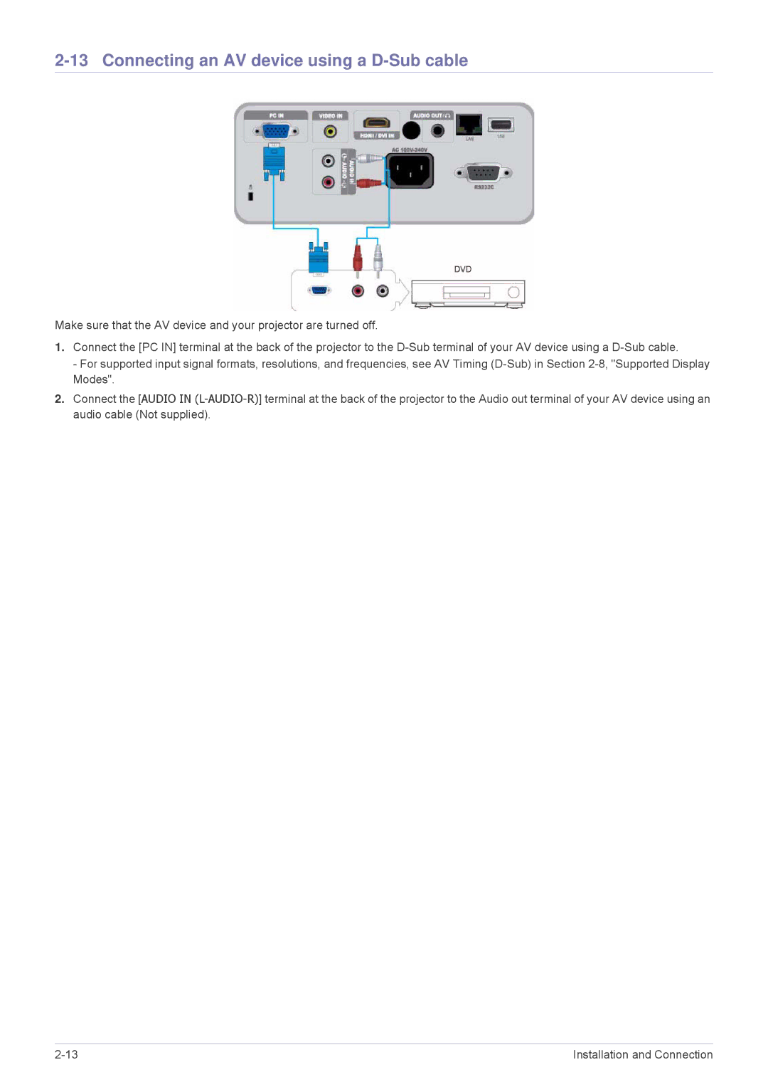 Samsung SP-M305, SP-M255, SP-M20, SP-M225, SP-M275 specifications Connecting an AV device using a D-Sub cable 