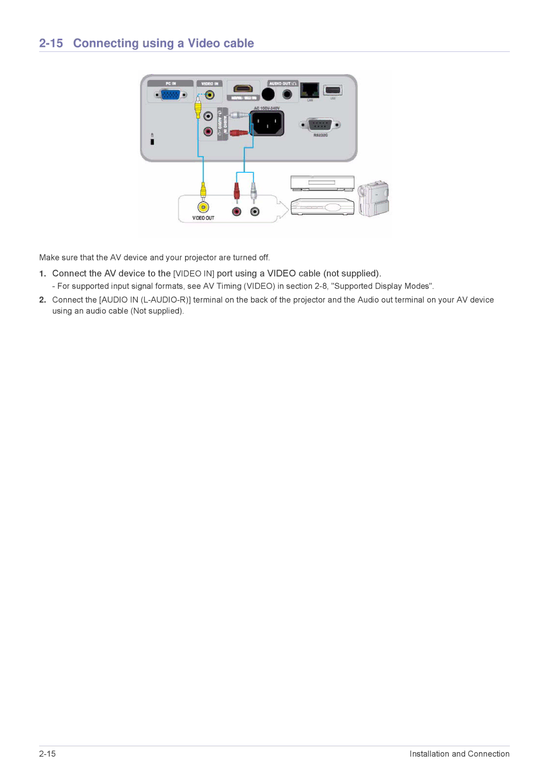 Samsung SP-M20, SP-M255, SP-M225, SP-M275, SP-M305 specifications Connecting using a Video cable 