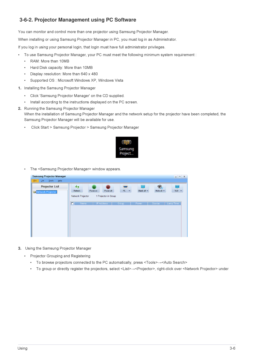 Samsung SP-M255, SP-M20, SP-M225, SP-M275, SP-M305 specifications Projector Management using PC Software 