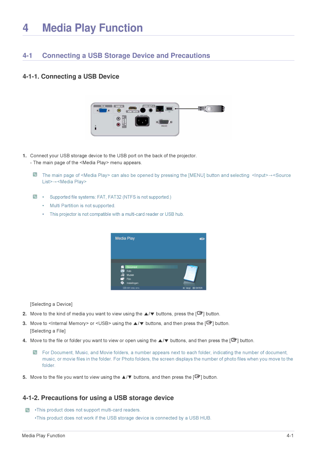 Samsung SP-M20, SP-M255, SP-M225, SP-M275, SP-M305 Connecting a USB Storage Device and Precautions, Connecting a USB Device 