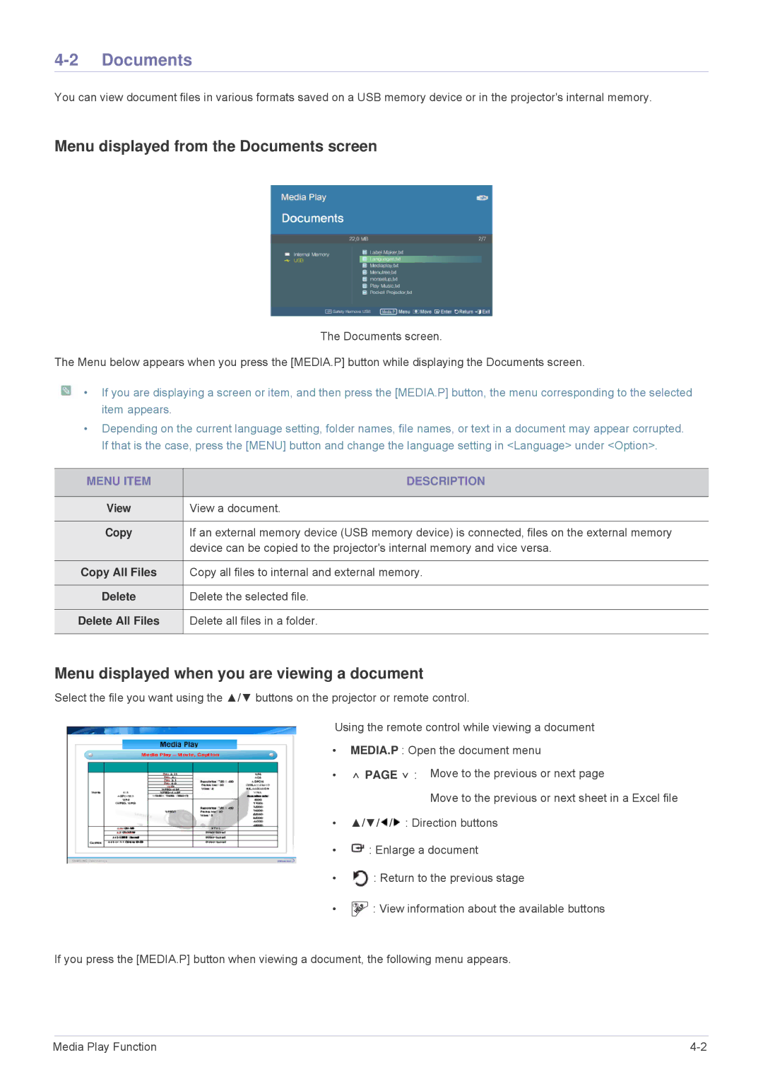 Samsung SP-M275, SP-M255 Menu displayed from the Documents screen, Menu displayed when you are viewing a document 