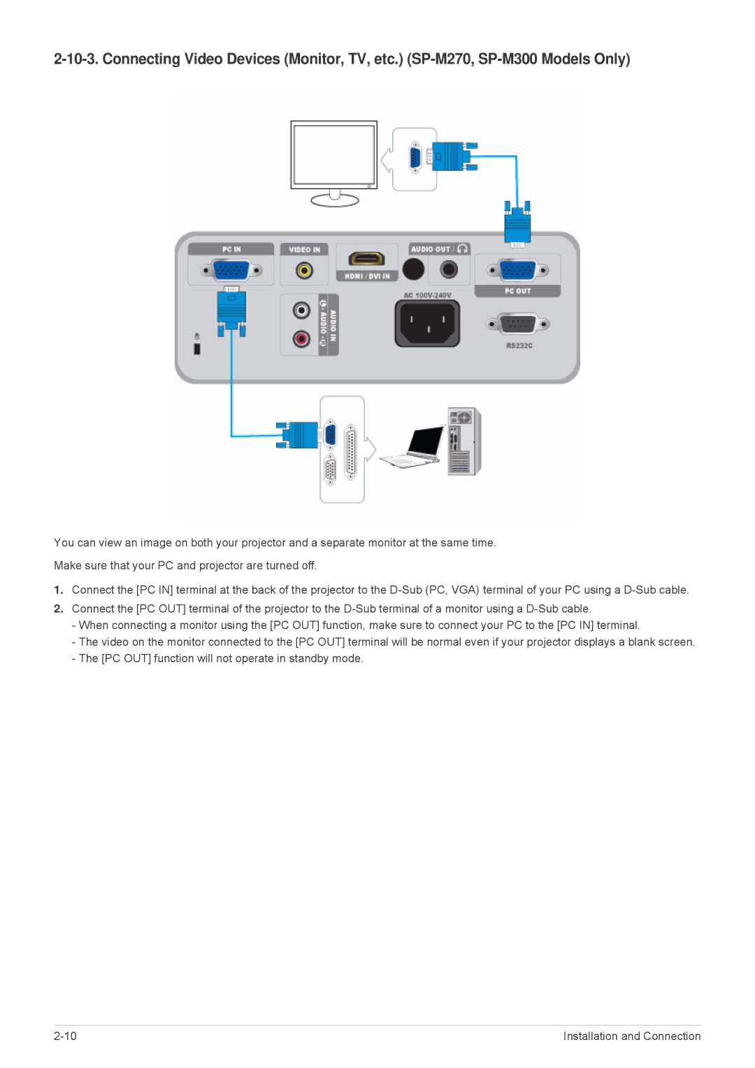 Samsung SP-M270, SP-M251, SP-M221, SP-M300 specifications Installation and Connection 