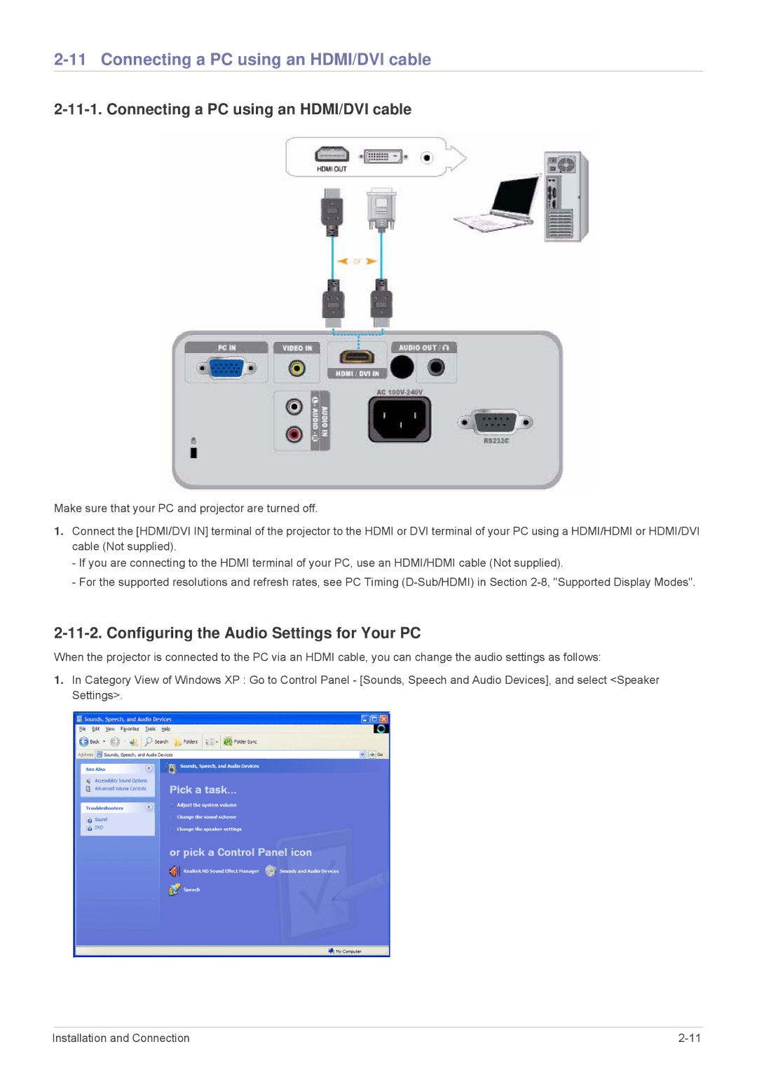 Samsung SP-M251, SP-M270, SP-M221 Connecting a PC using an HDMI/DVI cable, Configuring the Audio Settings for Your PC 