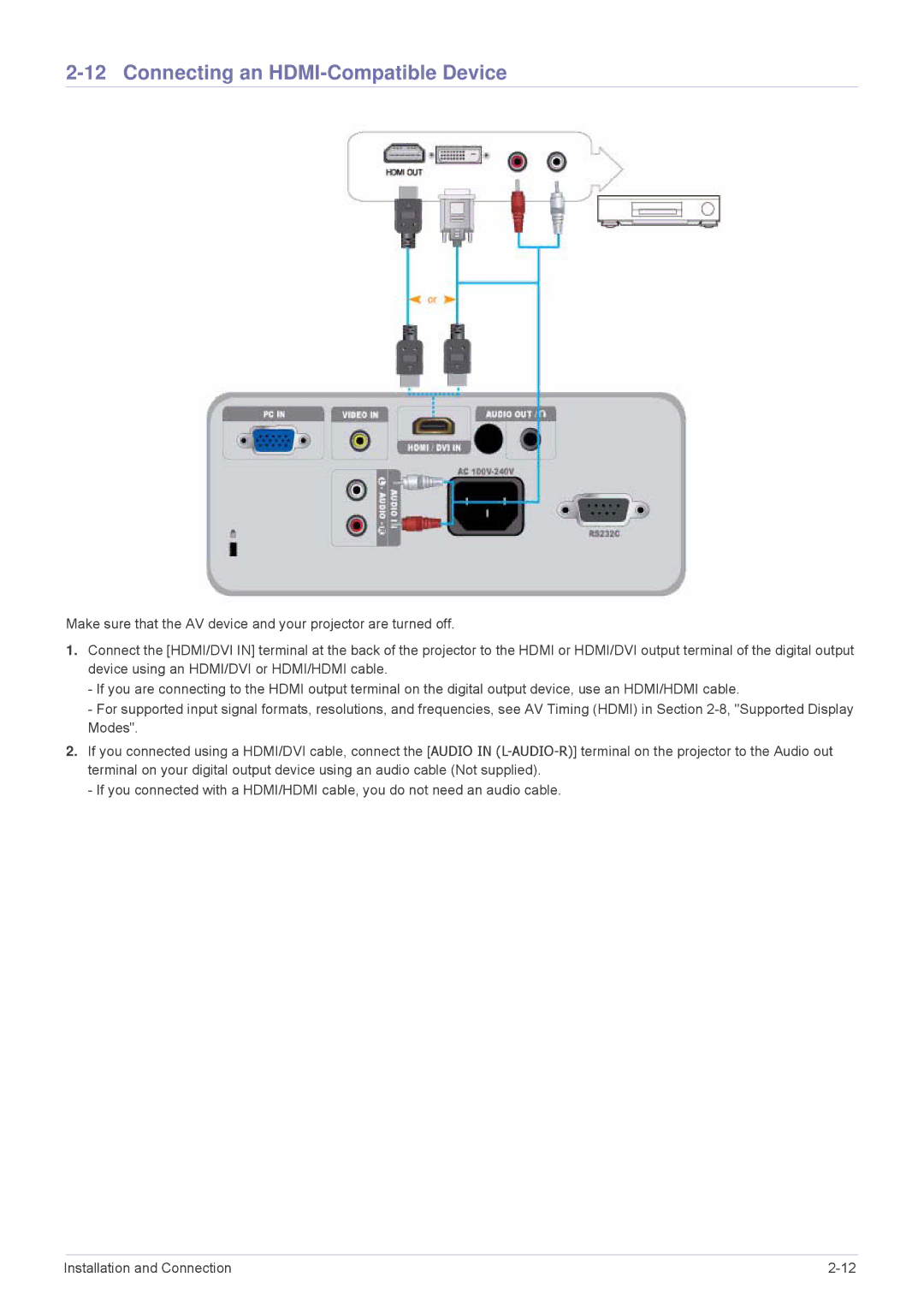 Samsung SP-M300, SP-M270, SP-M251, SP-M221 specifications Connecting an HDMI-Compatible Device 