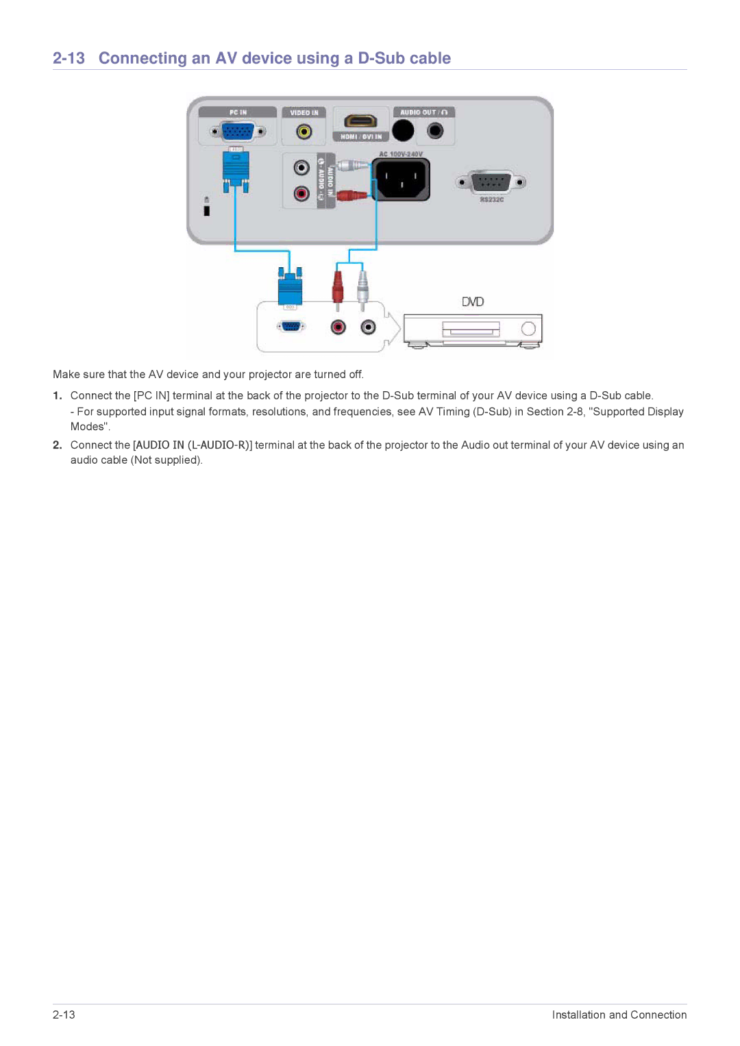 Samsung SP-M270, SP-M251, SP-M221, SP-M300 specifications Connecting an AV device using a D-Sub cable 