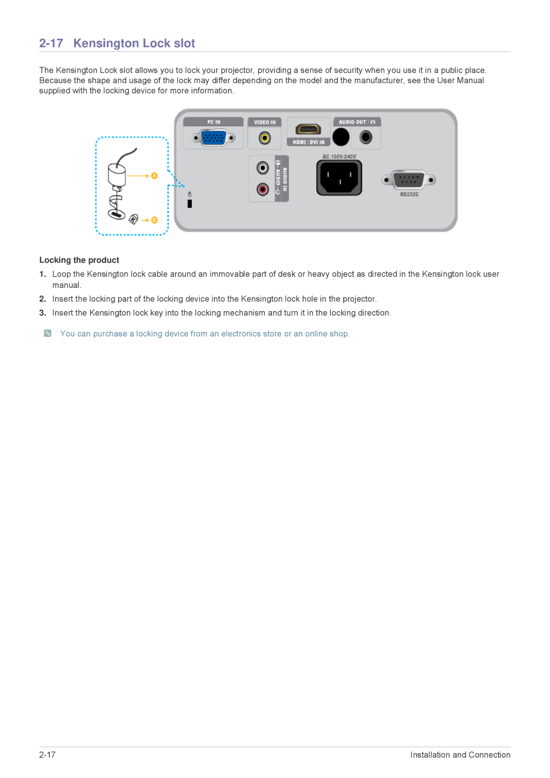 Samsung SP-M270, SP-M251, SP-M221, SP-M300 specifications Kensington Lock slot, Locking the product 