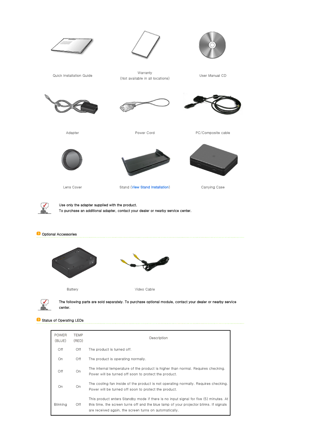 Samsung SP-P310ME manual Stand View Stand Installation, Description 