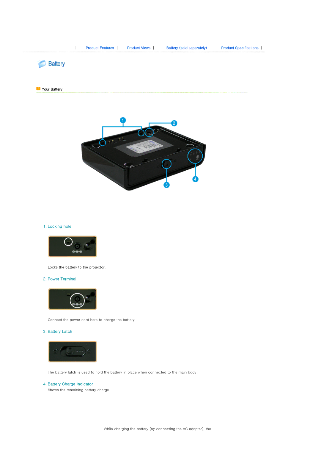 Samsung SP-P310ME manual Locking hole, Power Terminal, Battery Latch, Battery Charge Indicator 