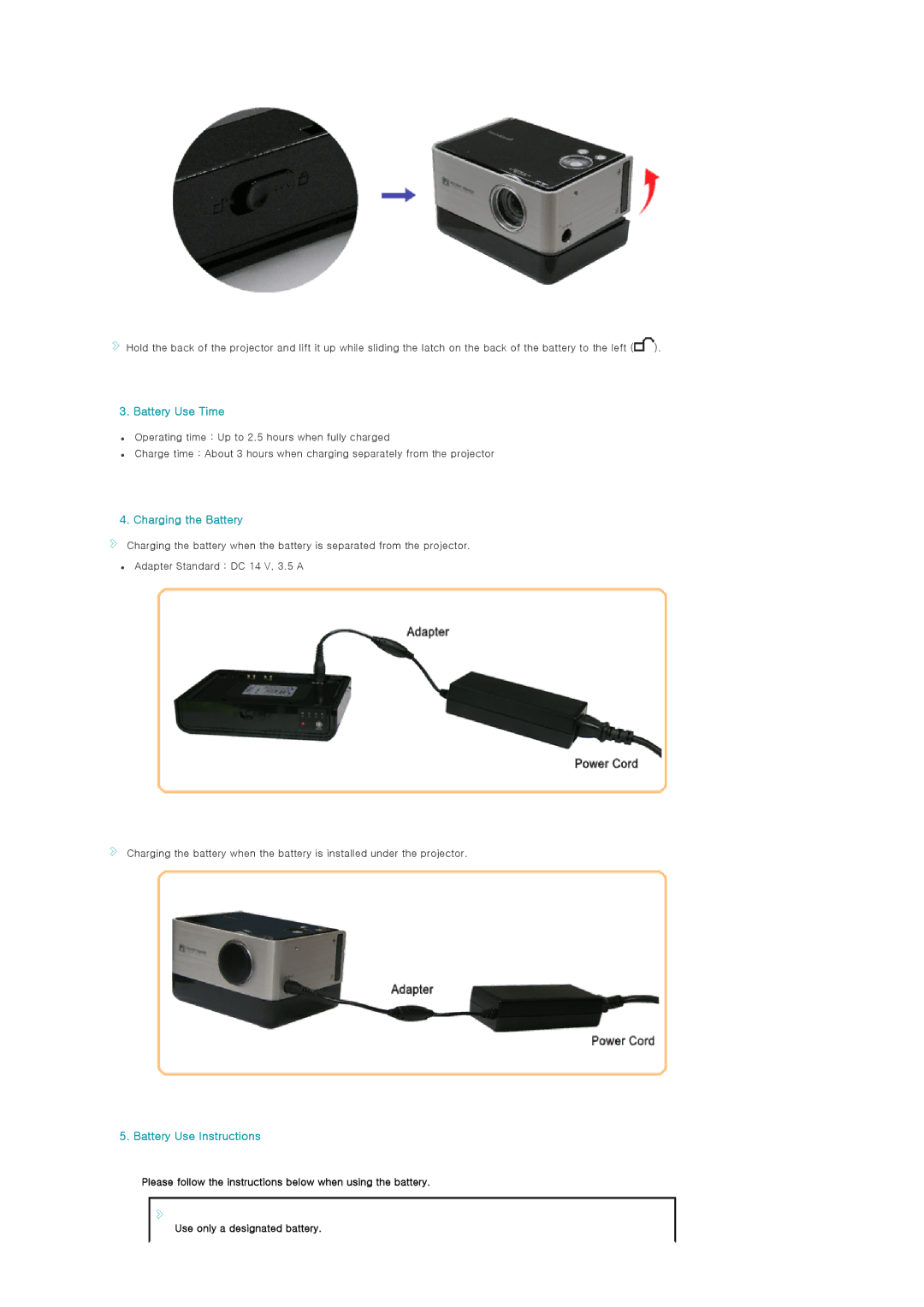 Samsung SP-P310ME manual Battery Use Time, Charging the Battery, Battery Use Instructions 