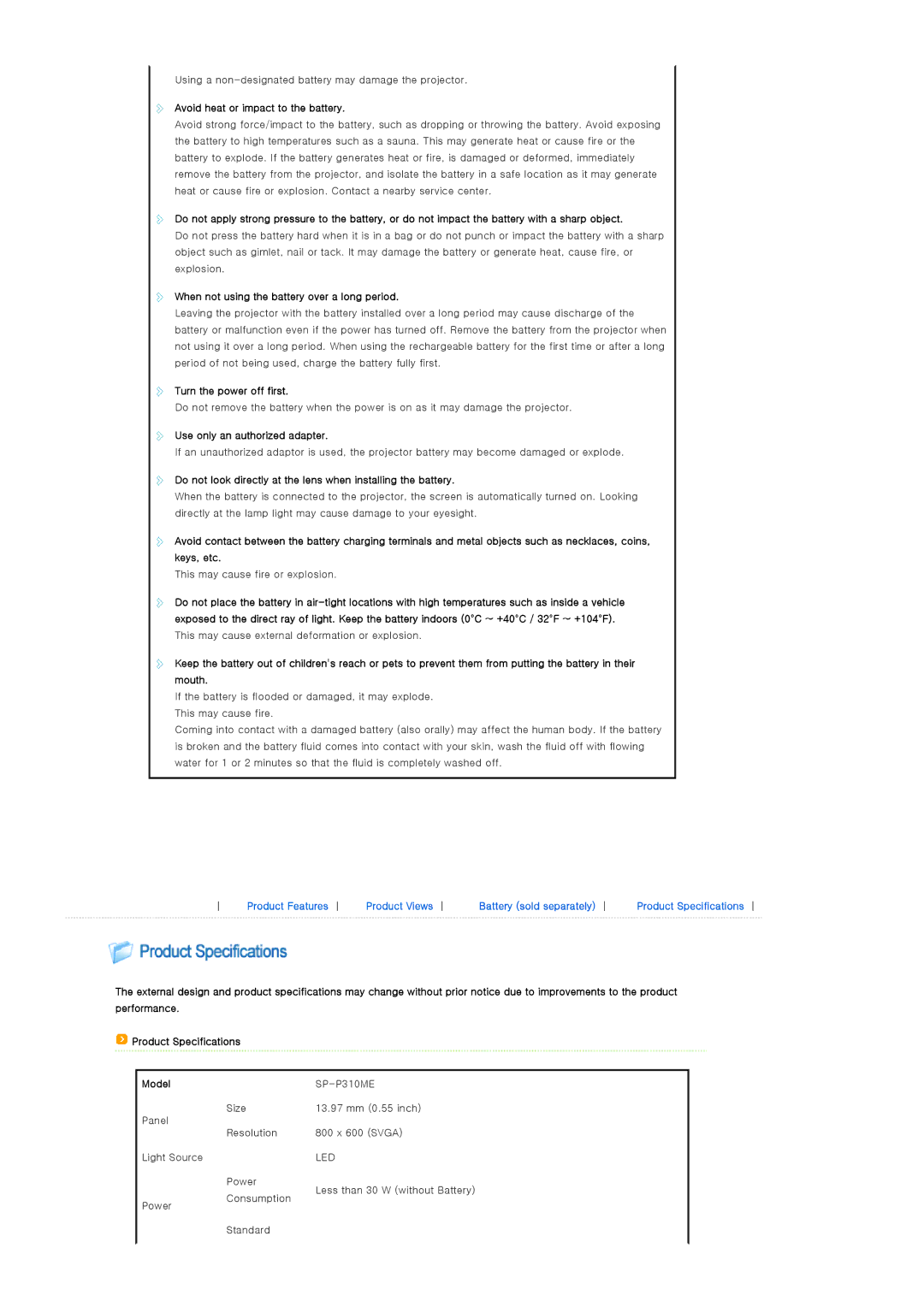 Samsung SP-P310ME manual Avoid heat or impact to the battery, Model 