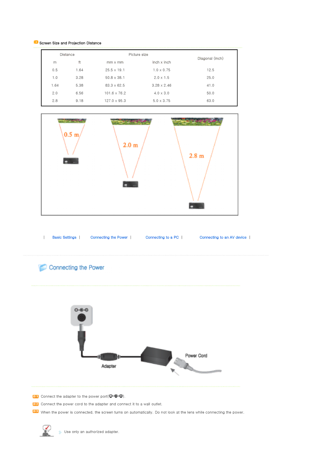 Samsung SP-P310ME manual Distance Picture size 