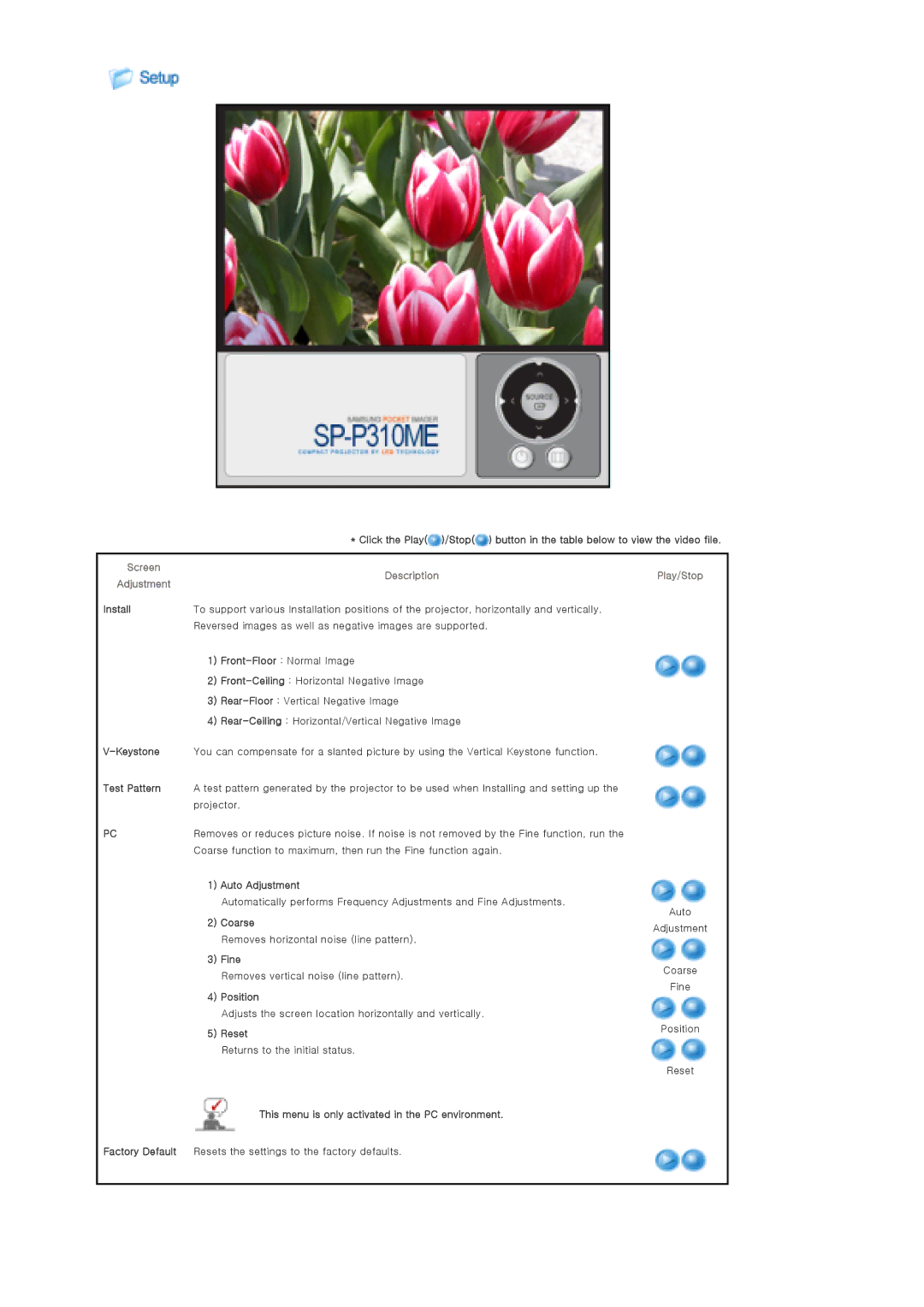 Samsung SP-P310ME manual Screen Description Adjustment, Play/Stop 