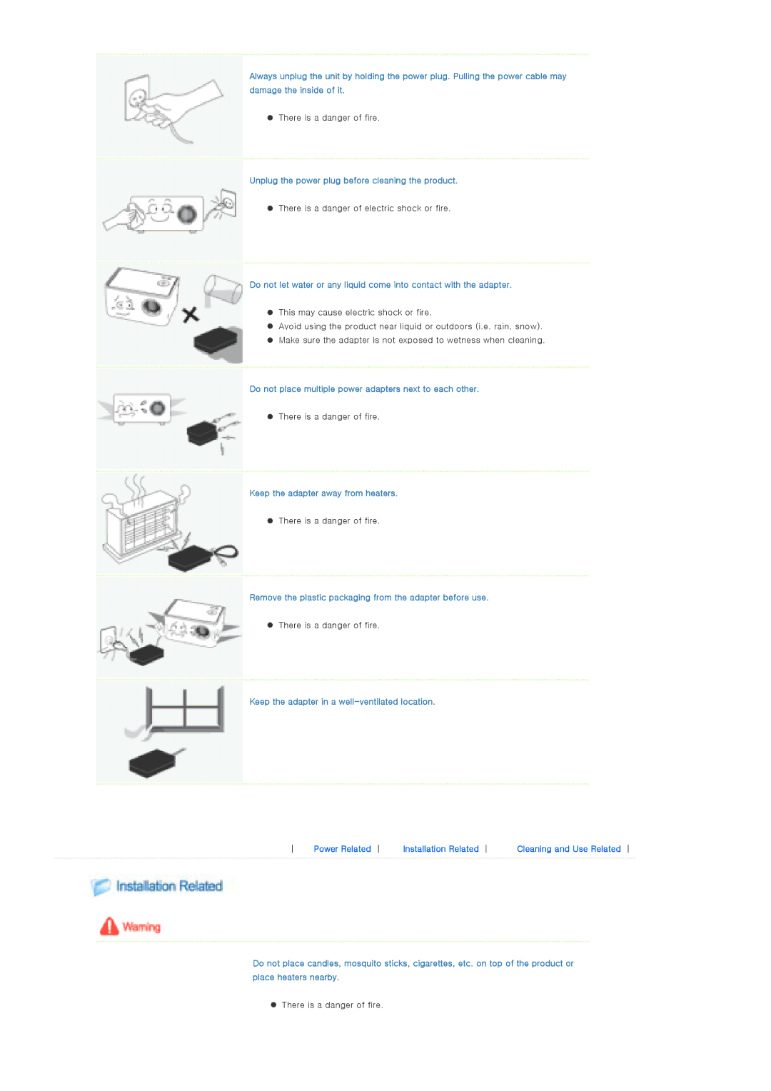 Samsung SP-P310ME manual Unplug the power plug before cleaning the product, Keep the adapter away from heaters 