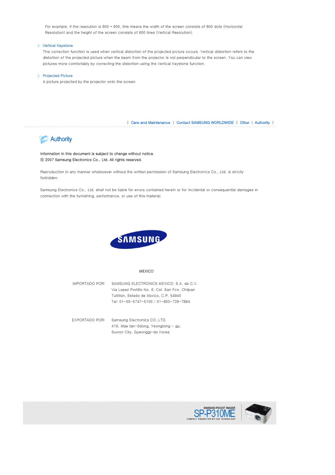 Samsung SP-P310ME manual Vertical Keystone, Projected Picture 