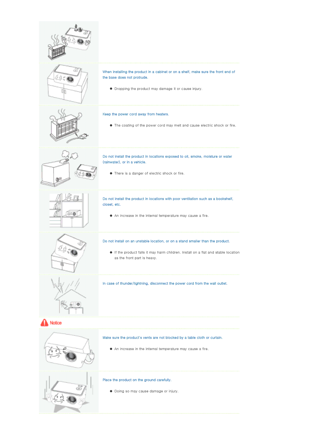 Samsung SP-P310ME manual Keep the power cord away from heaters, Place the product on the ground carefully 