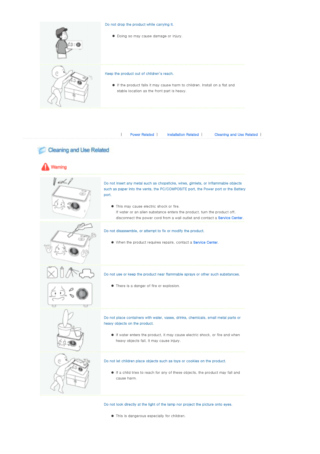 Samsung SP-P310ME manual Do not drop the product while carrying it, Keep the product out of children’s reach 