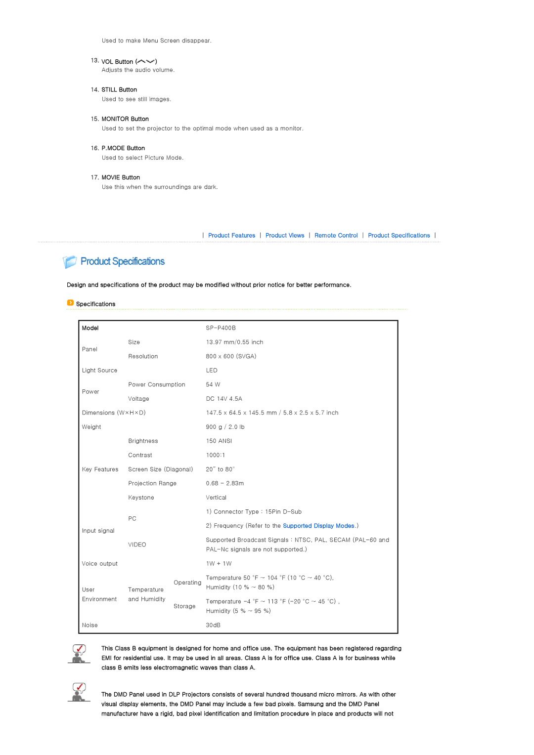 Samsung SP-P400B VOL Button Adjusts the audio volume Still Button, Monitor Button, 16. P.MODE Button, Movie Button, Model 