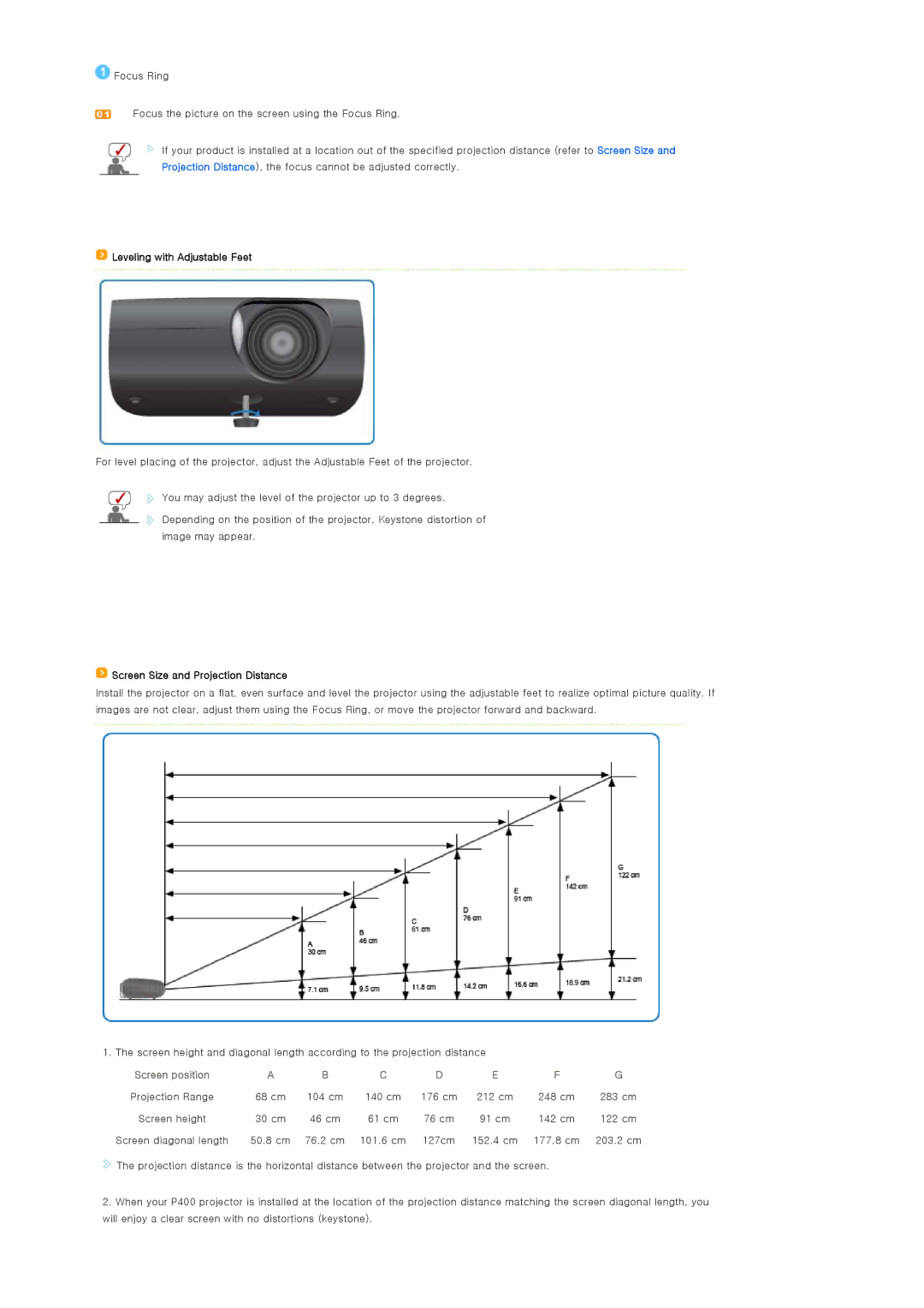 Samsung SP-P400B manual Leveling with Adjustable Feet, Screen Size and Projection Distance 