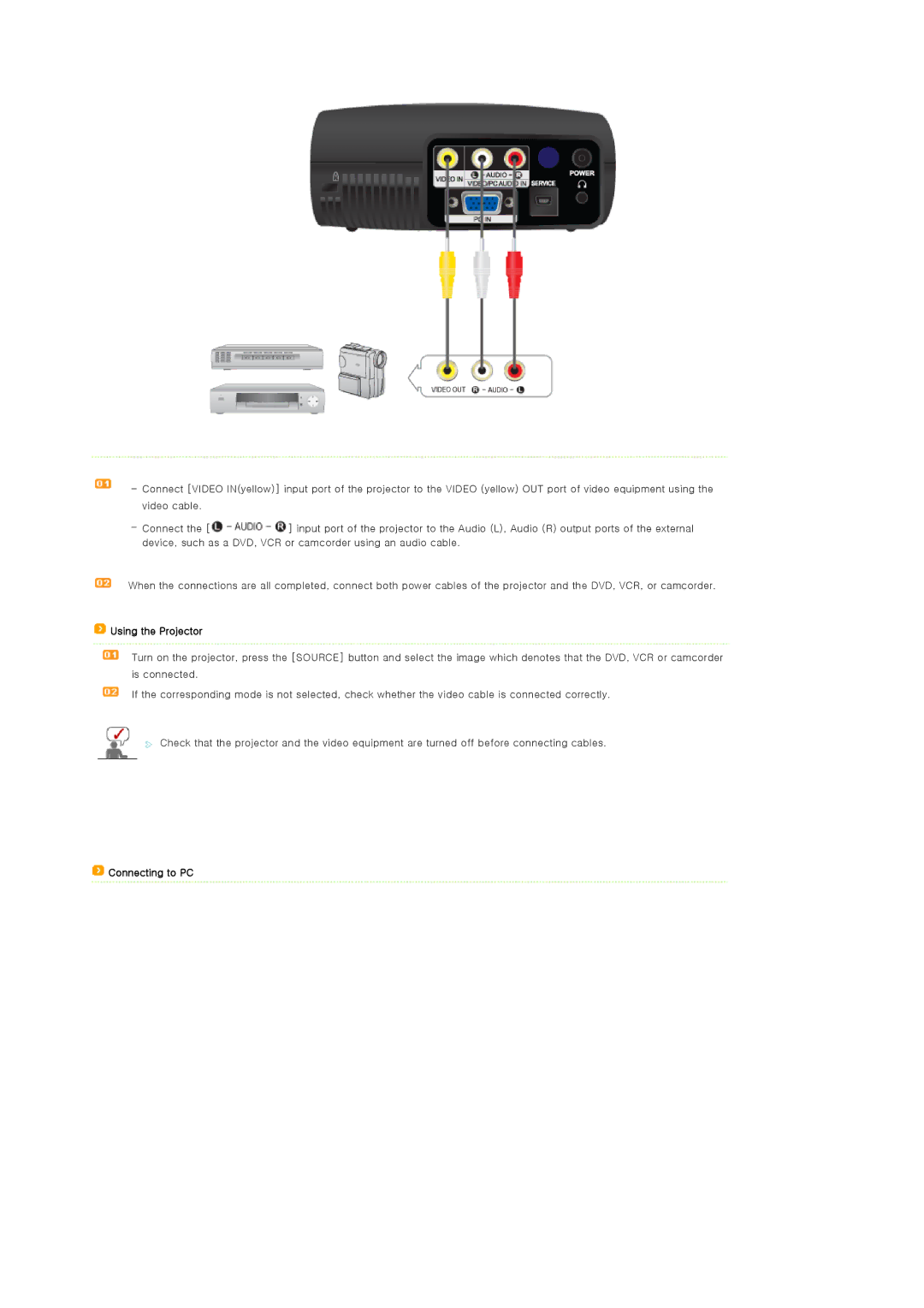 Samsung SP-P400B manual Using the Projector, Connecting to PC 