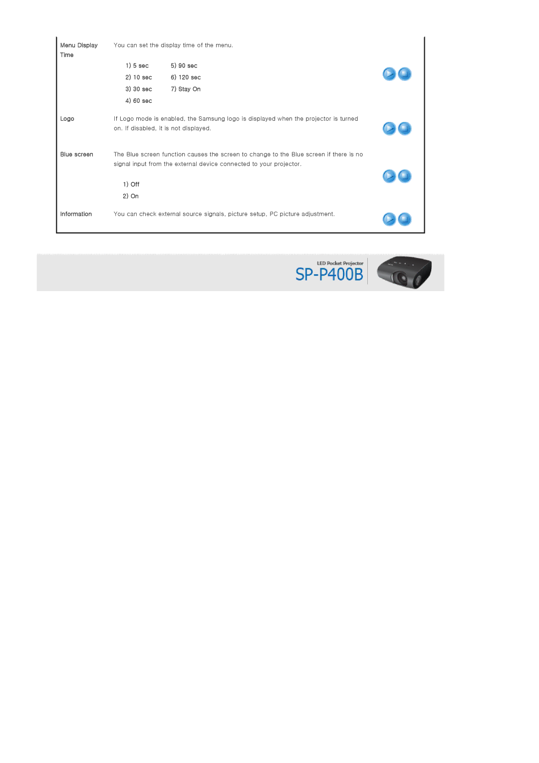 Samsung SP-P400B manual Menu Display You can set the display time of the menu 