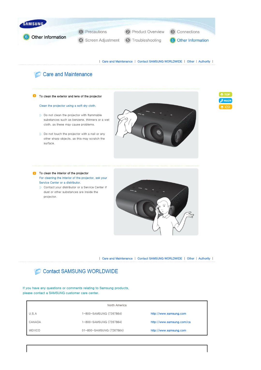 Samsung SP-P400B manual To clean the exterior and lens of the projector, Clean the projector using a soft dry cloth 