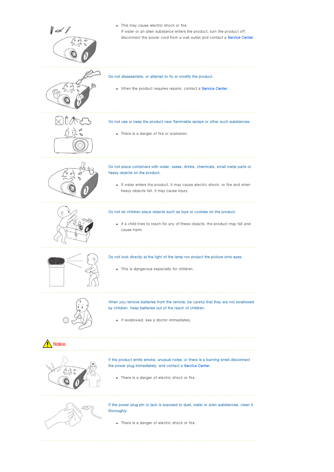 Samsung SP-P400B manual Do not disassemble, or attempt to fix or modify the product, If swallowed, see a doctor immediately 