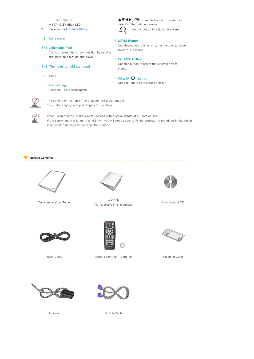 Samsung SP-P400B manual ※ Refer to the LED Indications, Package Contents 