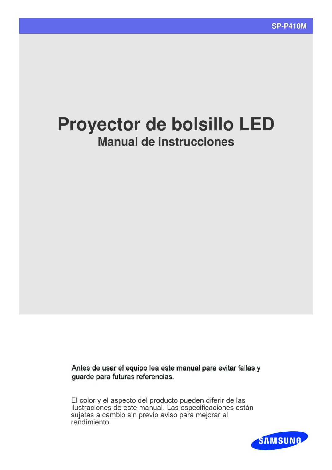 Samsung SPP410MEX/EN, SP-P410M, SPP410MX/EN manual Proyector de bolsillo LED 