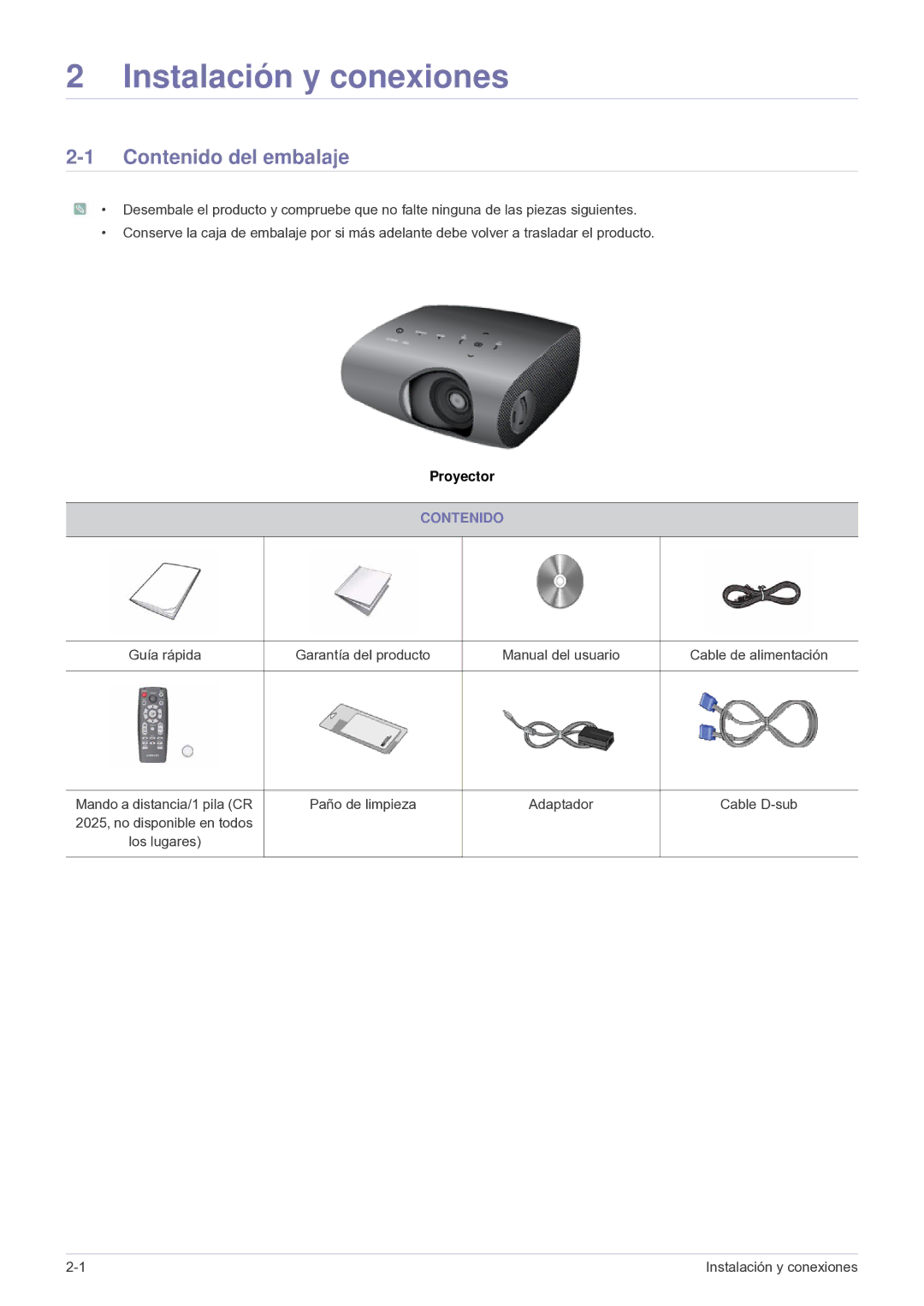 Samsung SPP410MEX/EN, SP-P410M, SPP410MX/EN manual Instalación y conexiones, Contenido del embalaje 