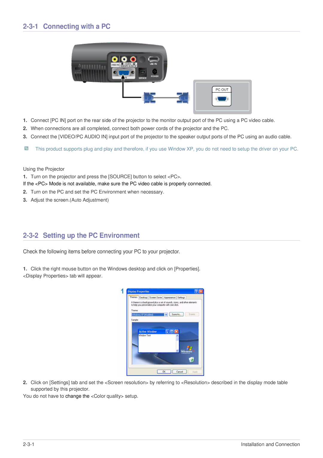 Samsung SP-P410M specifications Connecting with a PC, Setting up the PC Environment 