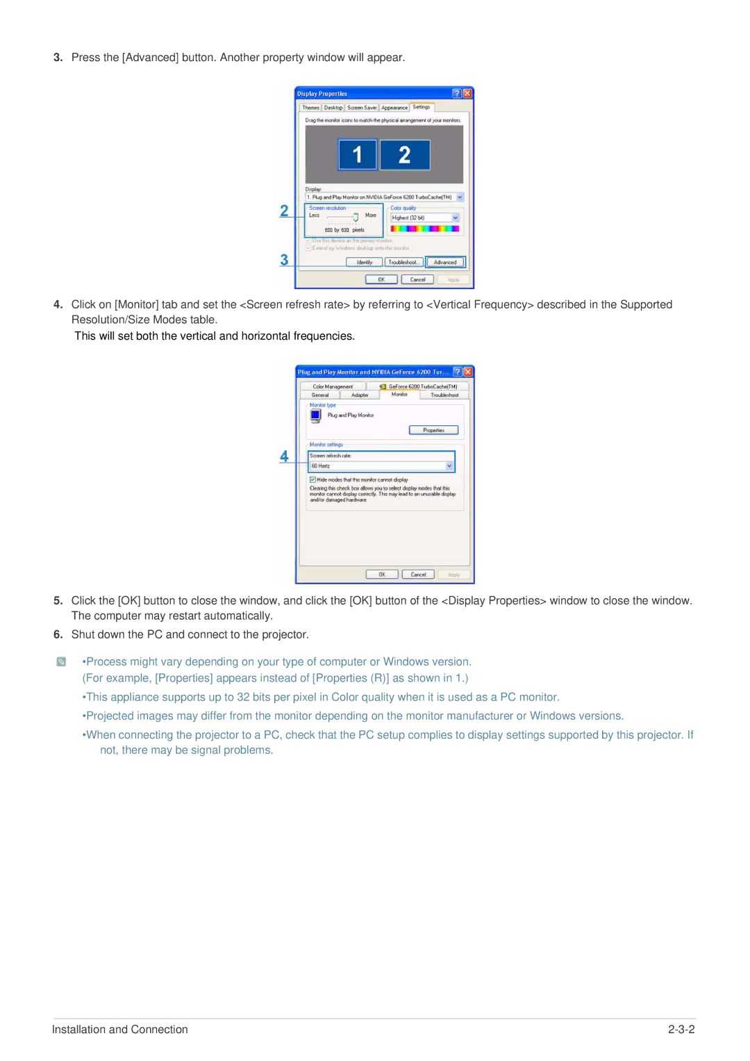 Samsung SP-P410M specifications This will set both the vertical and horizontal frequencies 