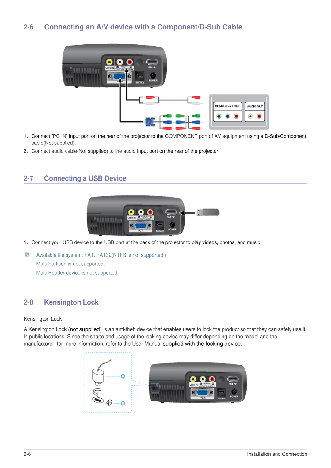 Samsung SP-P410M Connecting an A/V device with a Component/D-Sub Cable, Connecting a USB Device, Kensington Lock 