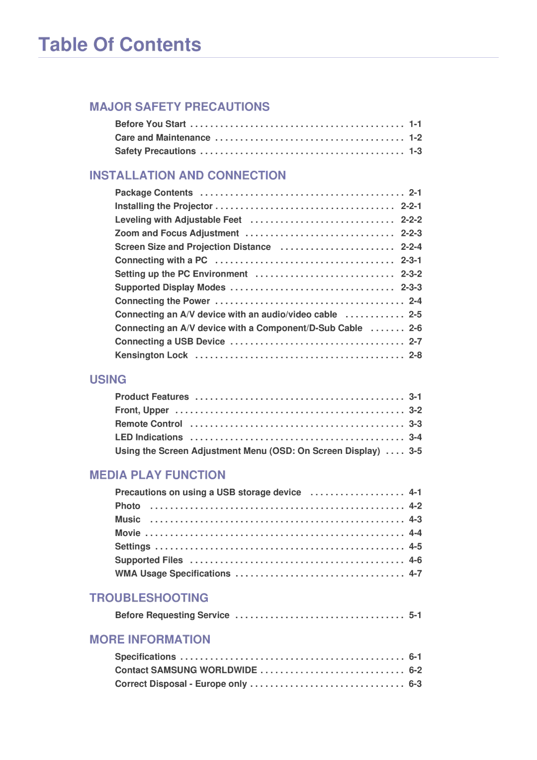 Samsung SP-P410M specifications Table Of Contents 