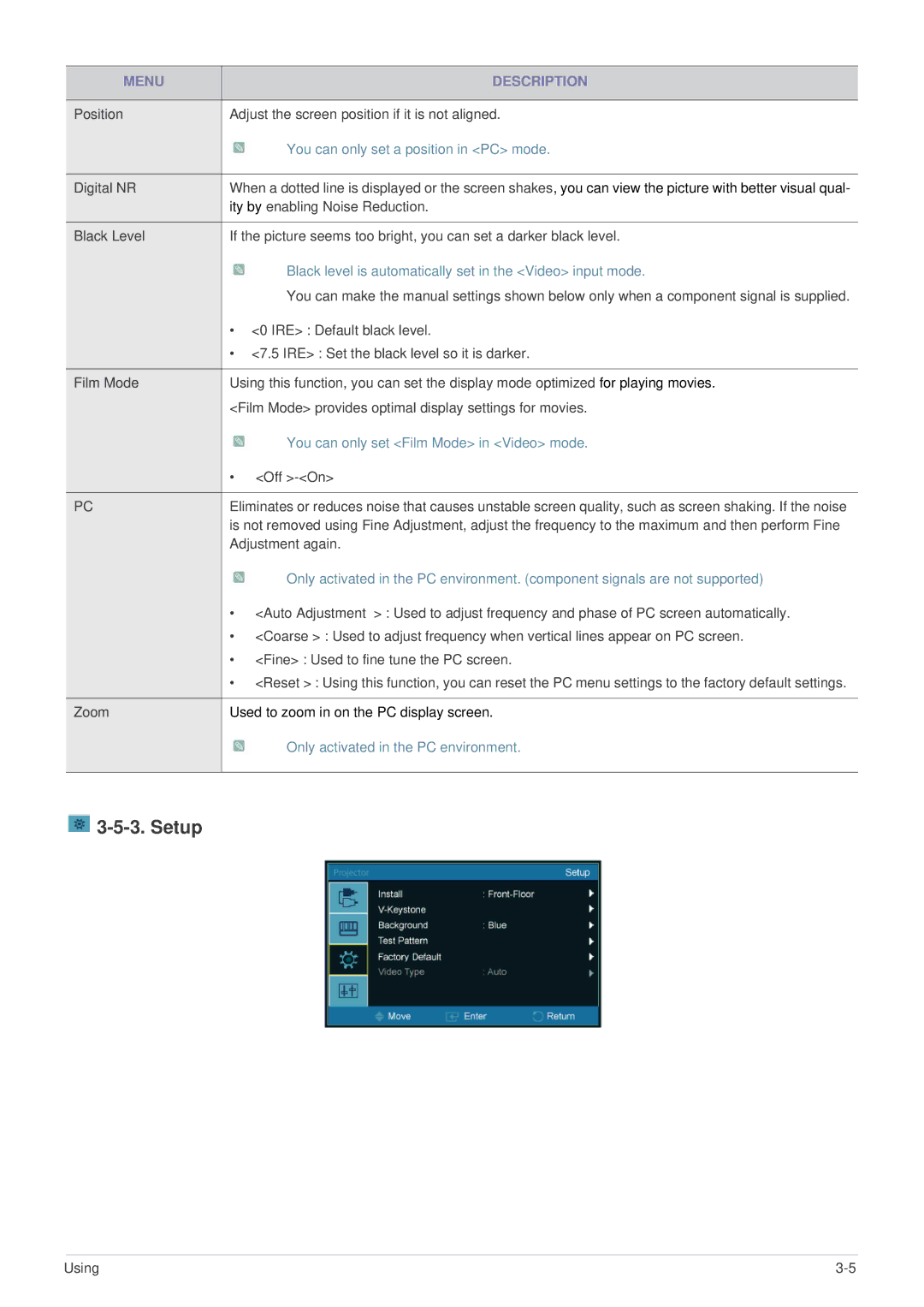 Samsung SP-P410M specifications Setup, You can only set a position in PC mode 