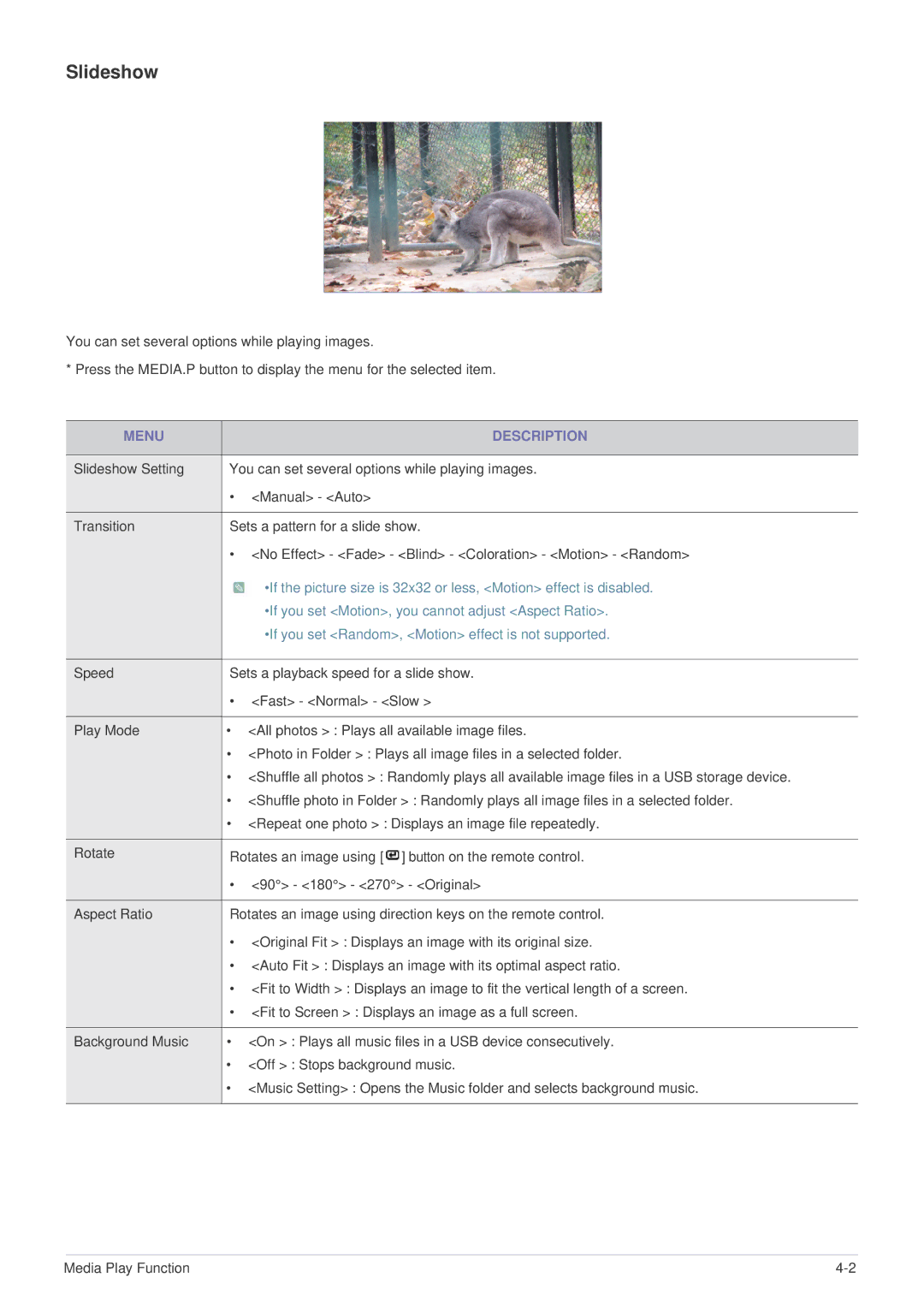 Samsung SP-P410M specifications Slideshow, If you set Random, Motion effect is not supported 