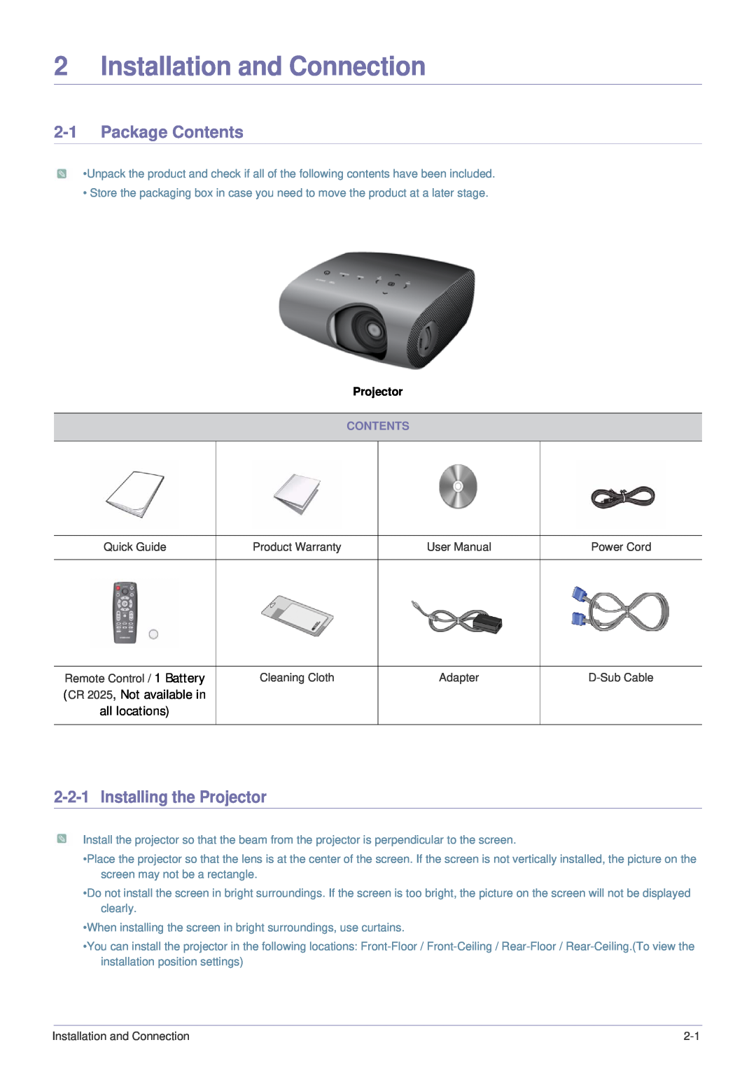 Samsung SP-P410M Installation and Connection, Package Contents, Installing the Projector, CR 2025, Not available in 