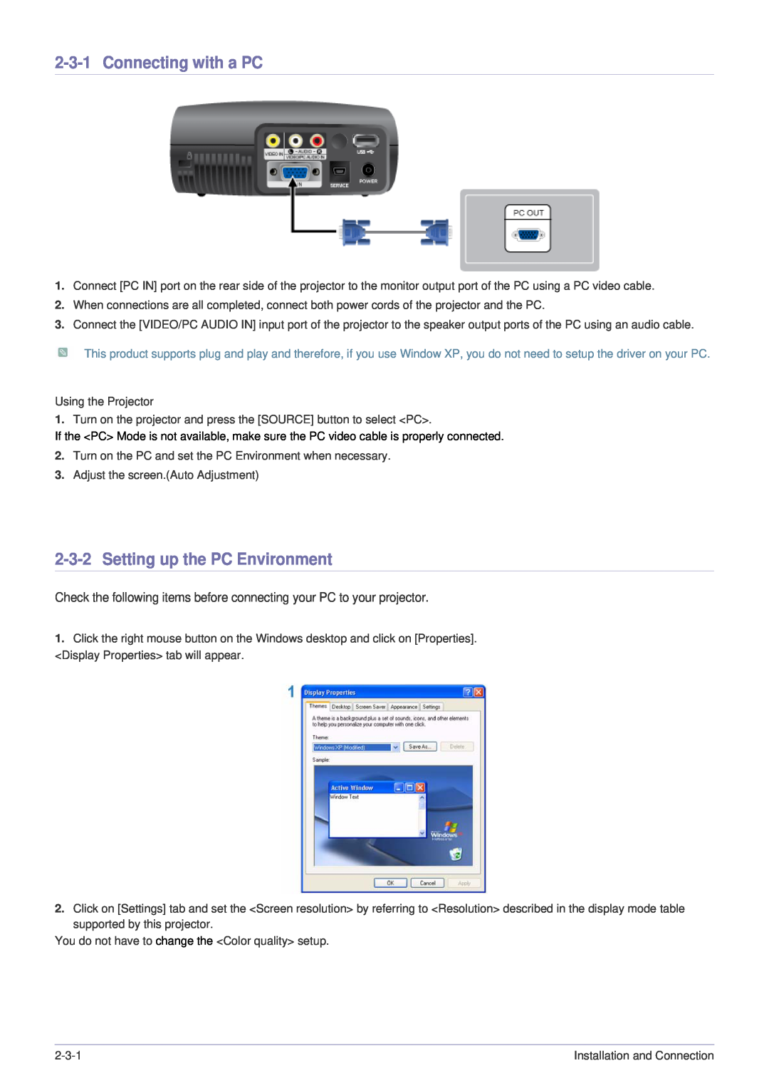 Samsung SP-P410M specifications Connecting with a PC, Setting up the PC Environment 