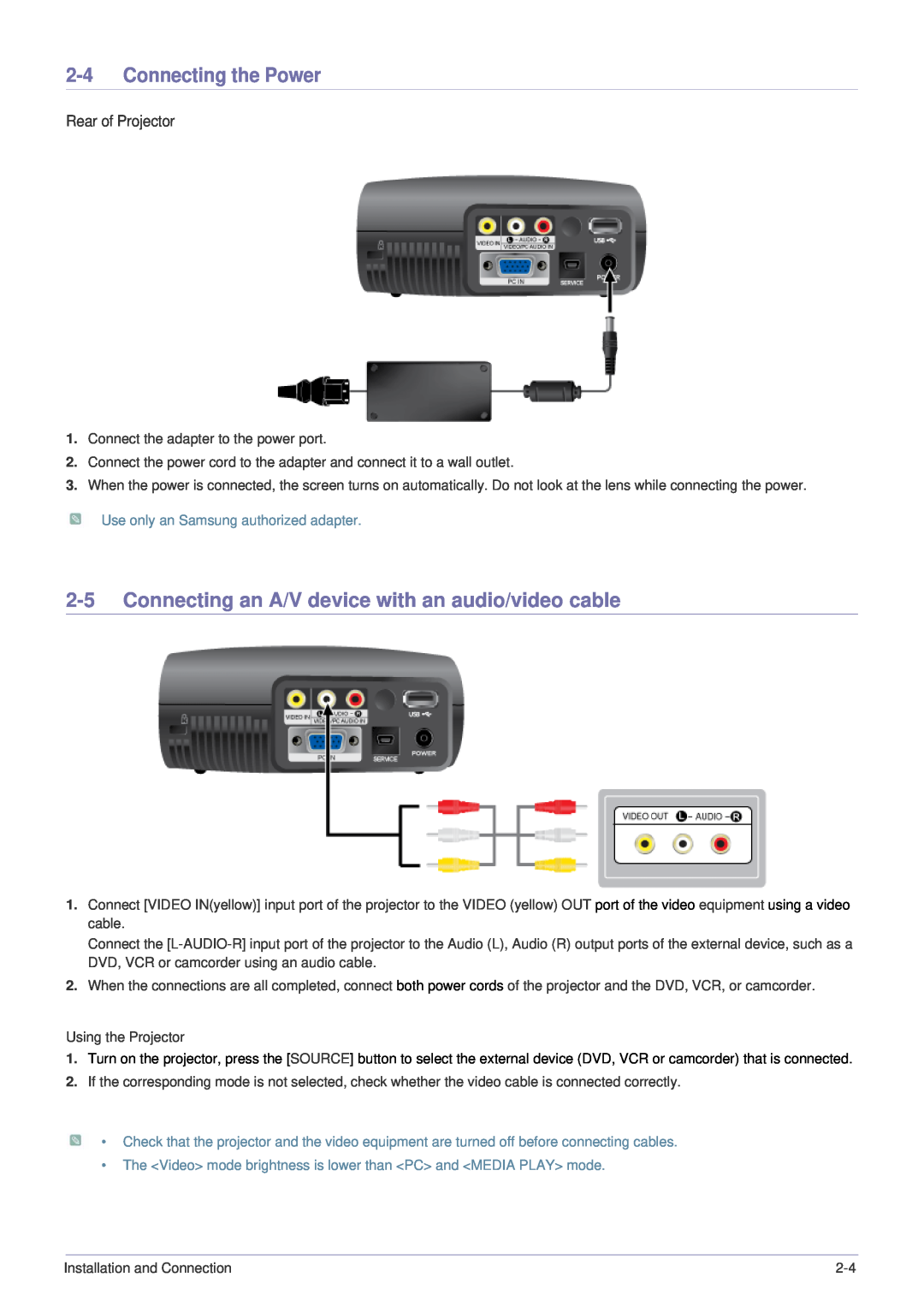 Samsung SP-P410M specifications Connecting the Power, Connecting an A/V device with an audio/video cable, Rear of Projector 
