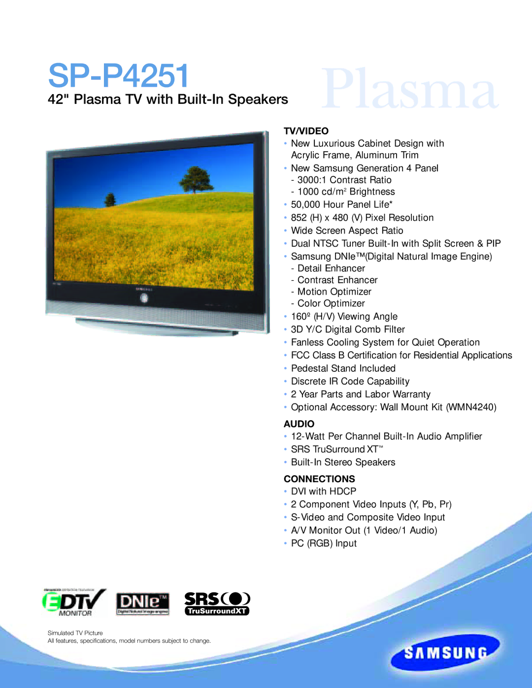 Samsung SP-P4251 specifications Plasma 