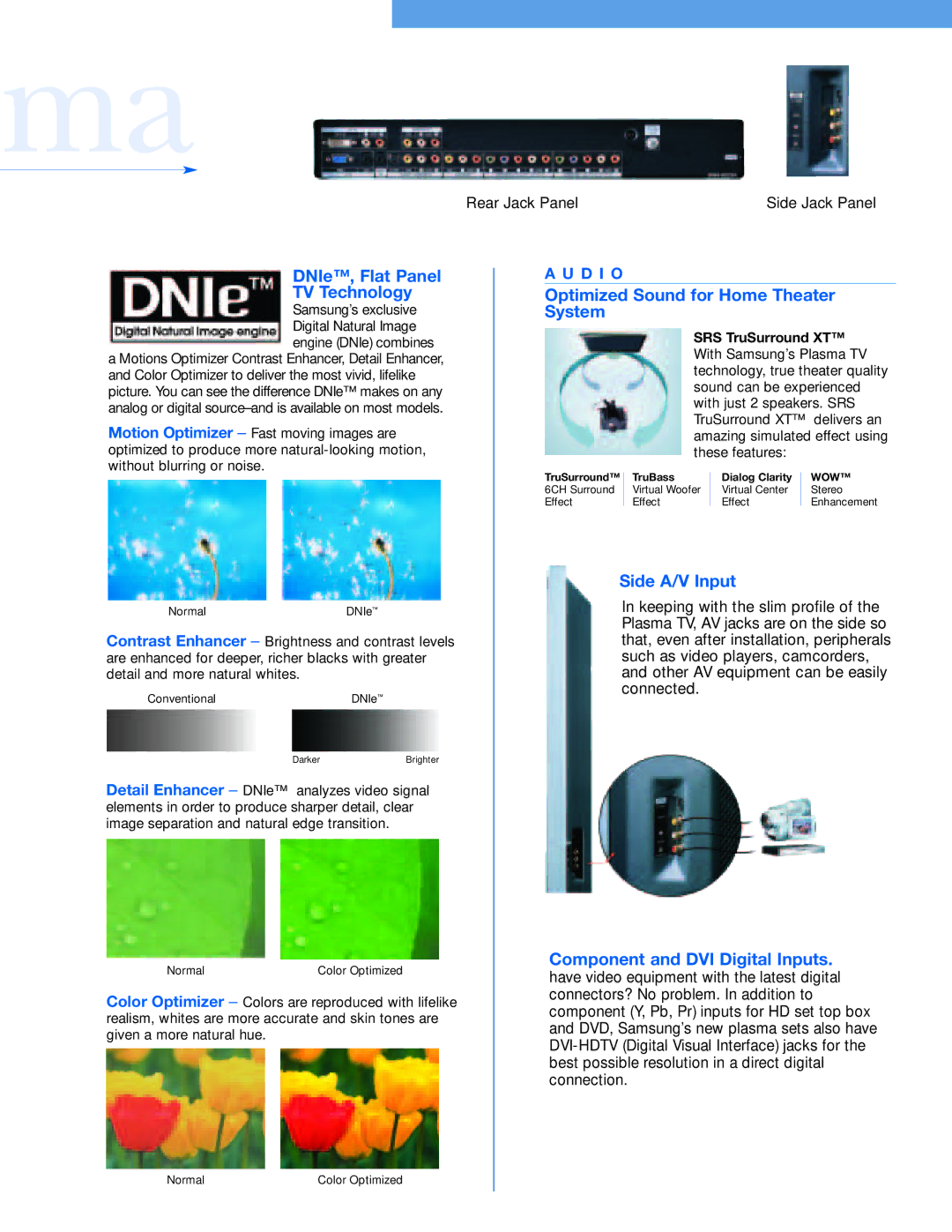 Samsung SP-P4251 specifications DNIe, Flat Panel TV Technology, Optimized Sound for Home Theater System, Side A/V Input 