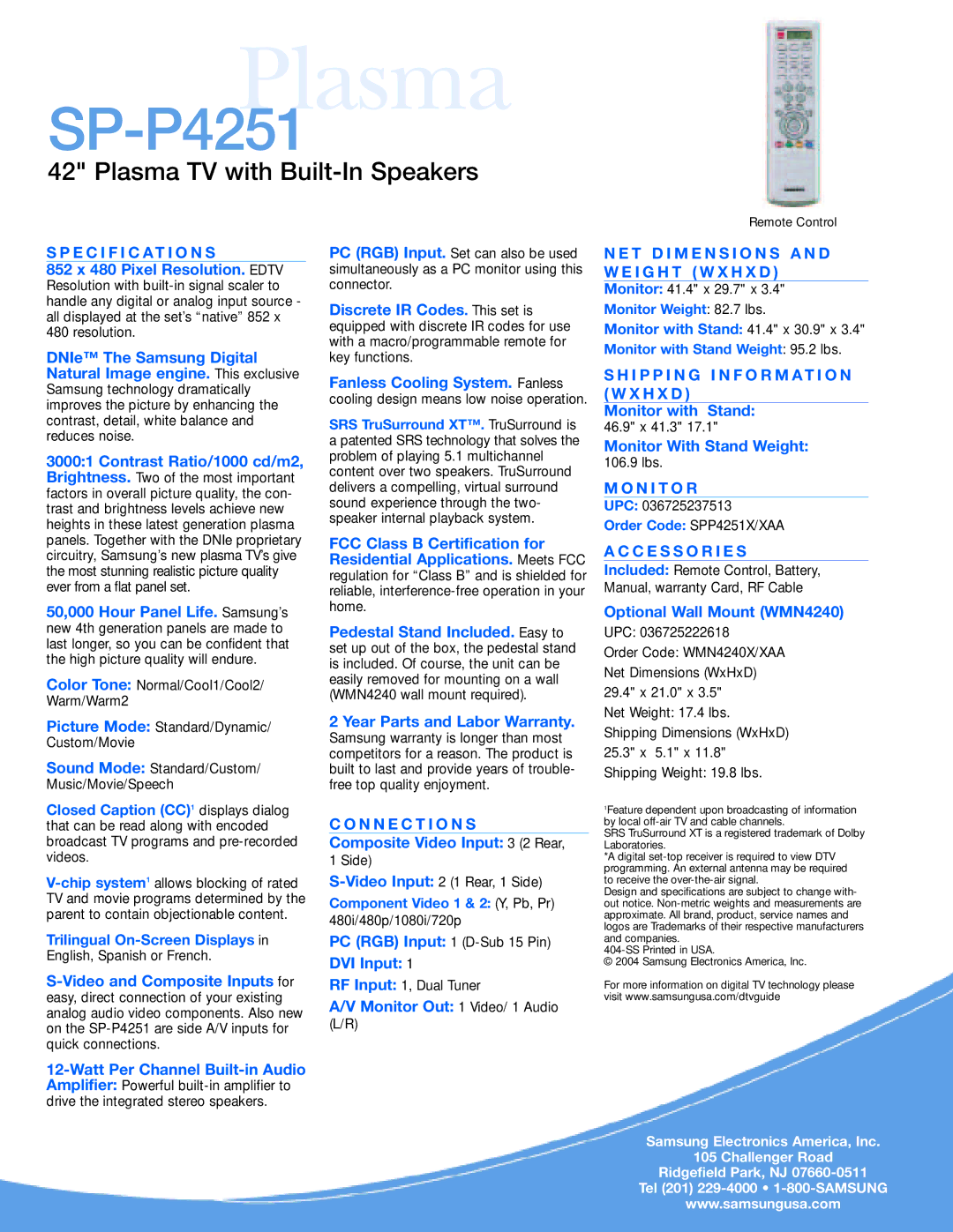 Samsung SP-P4251 specifications Plasma 