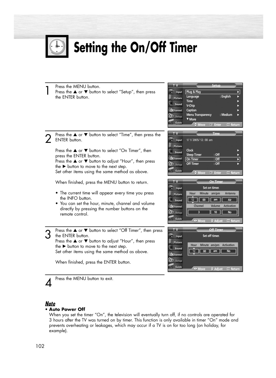 Samsung SP-R4232 manual Setting the On/Off Timer, Auto Power Off 