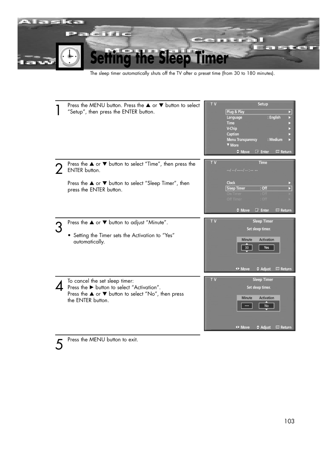 Samsung SP-R4232 manual Setting the Sleep Timer, Setup, then press the Enter button 