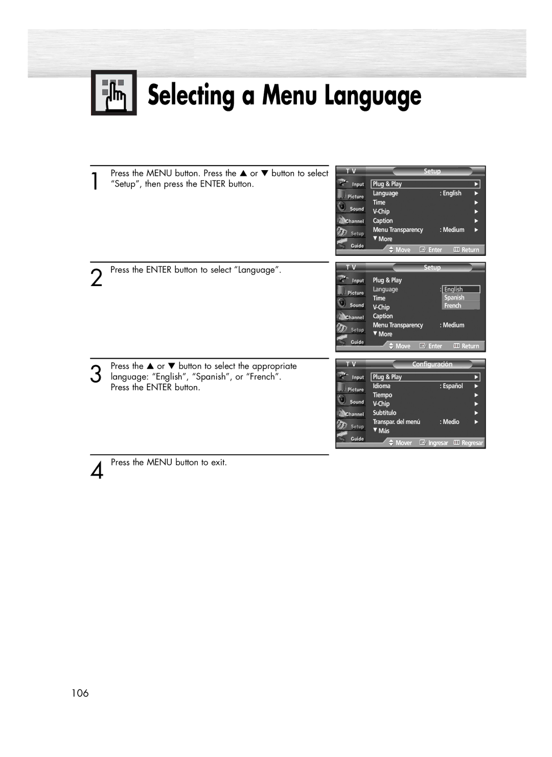 Samsung SP-R4232 manual Selecting a Menu Language 