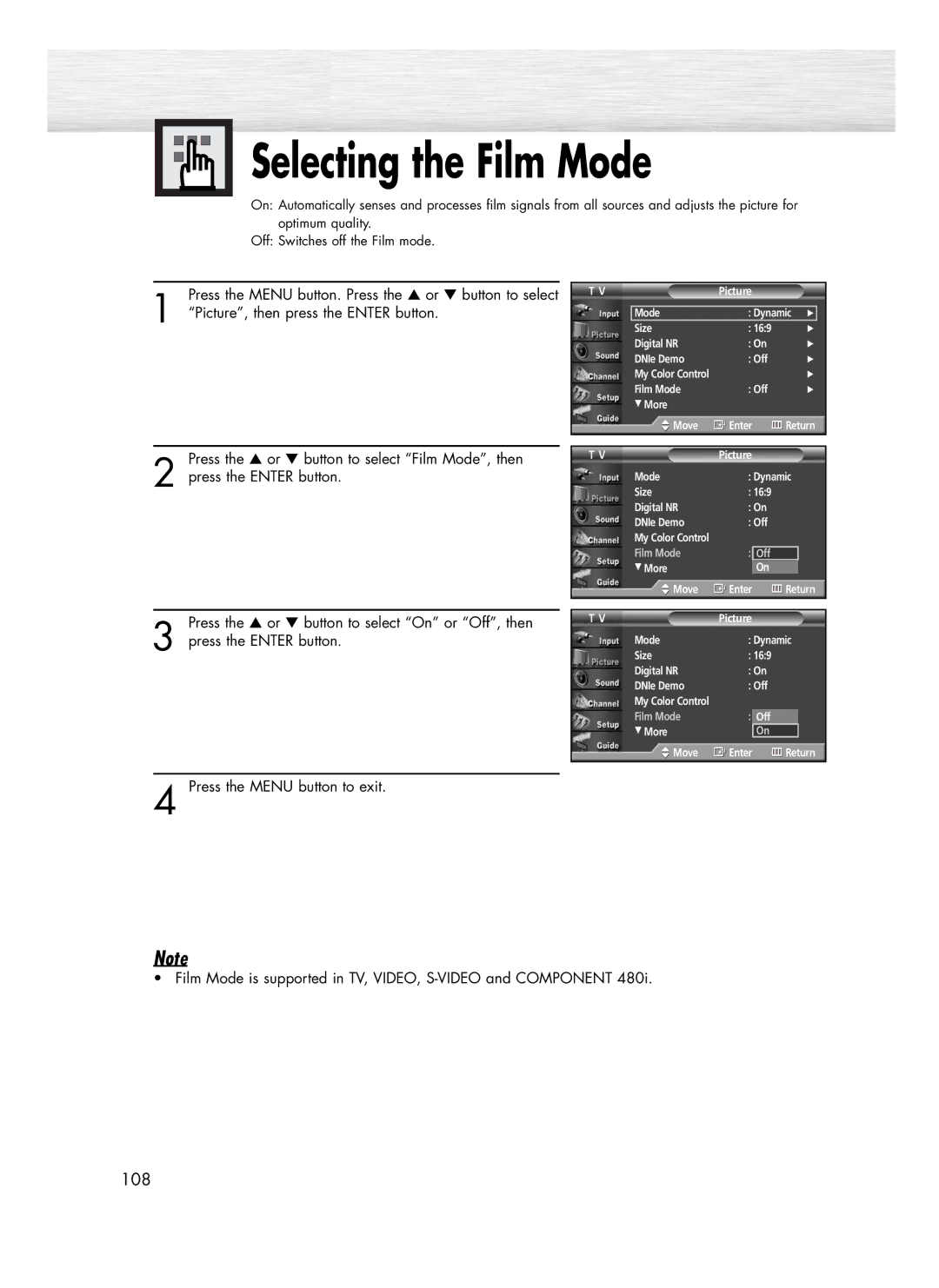 Samsung SP-R4232 manual Selecting the Film Mode, Film Mode is supported in TV, VIDEO, S-VIDEO and Component 